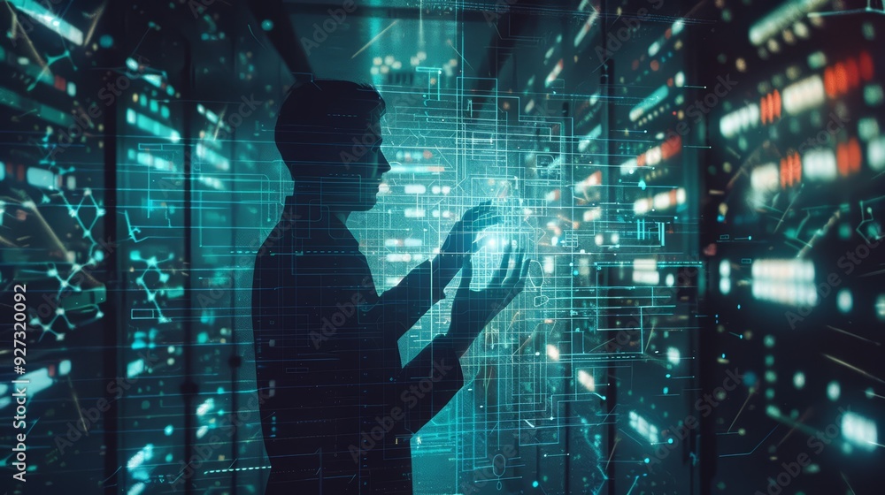 Poster silhouette of a man interacting with a digital interface of lines and glowing dots.