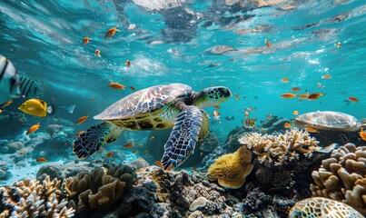 Obraz premium Vibrant sea turtle swimming among colorful fish and coral reef.