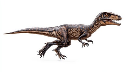 Naklejka premium Detailed image of a velociraptor dinosaur toy against a white background showcasing intricate details and a realistic design.