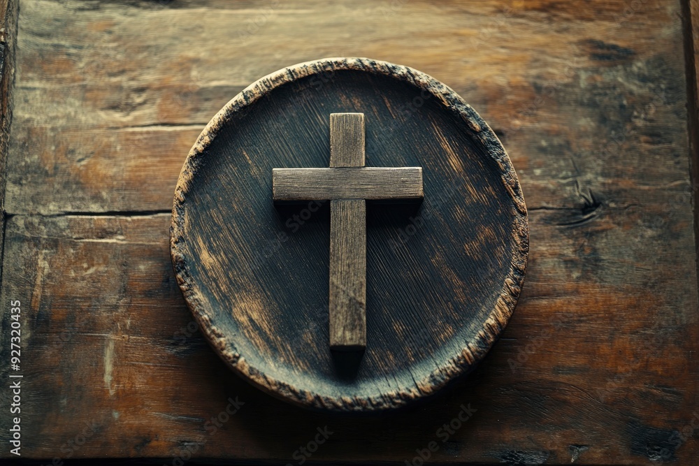 Wall mural The Cross with old Bible lay on wooden plate, christian concept , ai