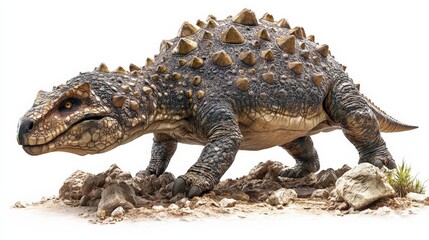 Obraz premium Detailed model of a spiky, armored dinosaur walking on rocky terrain. The creature exhibits large prominent spikes and realistic textures.