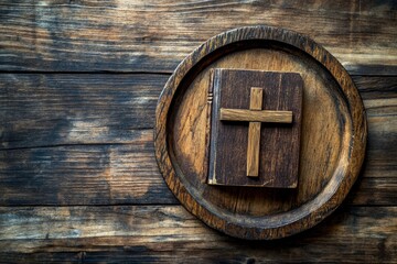 Fototapeta premium The Cross with old Bible lay on wooden plate, christian concept , ai