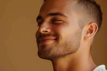 A close up of a man's face with her eyes closed