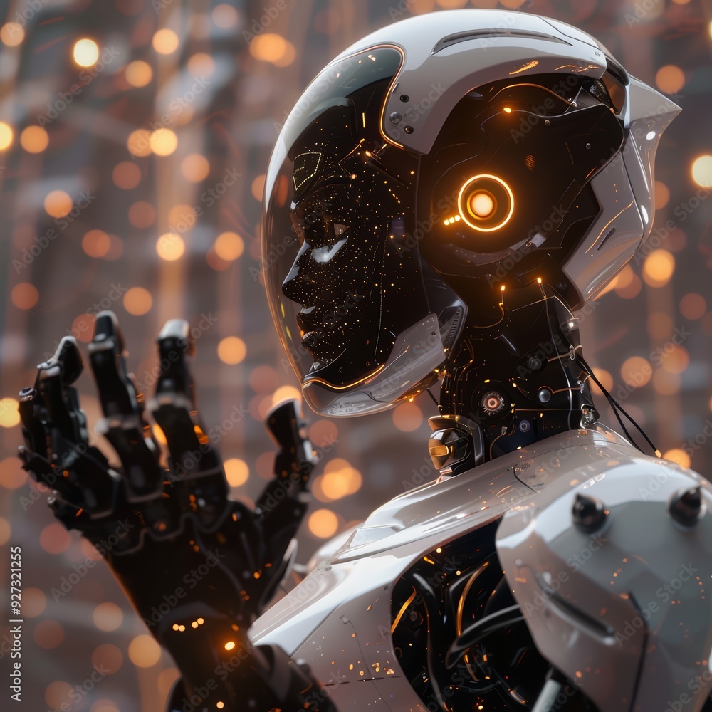 Aufkleber futuristic robot with a white helmet and glowing eyes, looking up with its hands raised against a bo