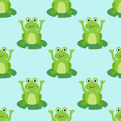 Obraz premium Seamless Pattern with Cute frog show tongue sit on water lily leaf. Children Hand drawn vector flat illustration.