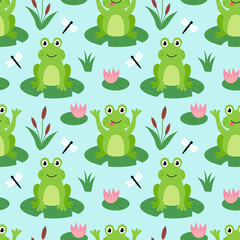 Seamless Pattern with cute frogs, dragonfly, water lily, reed on the lake. Children background. Vector flat illustration.