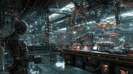 Fototapeta premium Futuristic robot working in a high-tech laboratory setting.