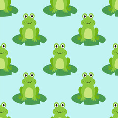 Seamless Pattern with Cute frog sit on water lily leaf. Children Hand drawn vector flat illustration.