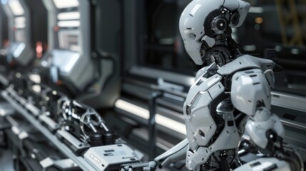 Futuristic robot standing in a futuristic interior.