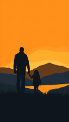 Fototapeta premium Silhouette of a father and daughter walking hand-in-hand at sunset