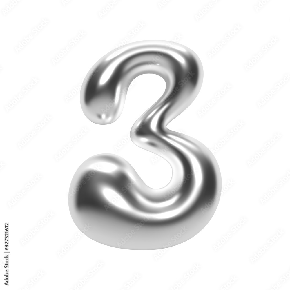 Poster 3d chrome number 3 in y2k bubble style. shiny silver metallic surface with an inflated liquid form. 