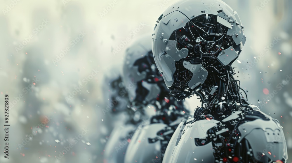 Poster close-up of a robot's head with visible internal mechanisms, standing in a line with other robots ag