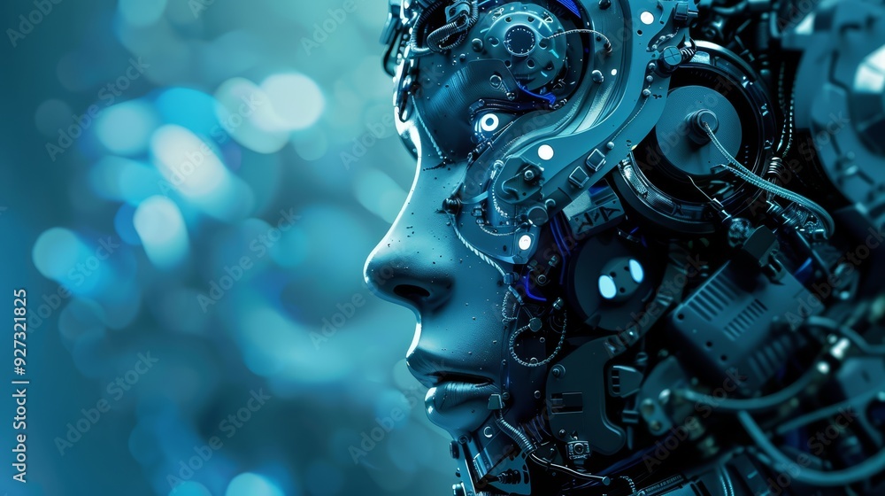 Poster close-up of a robotic head with exposed circuitry and gears against a blue bokeh background.
