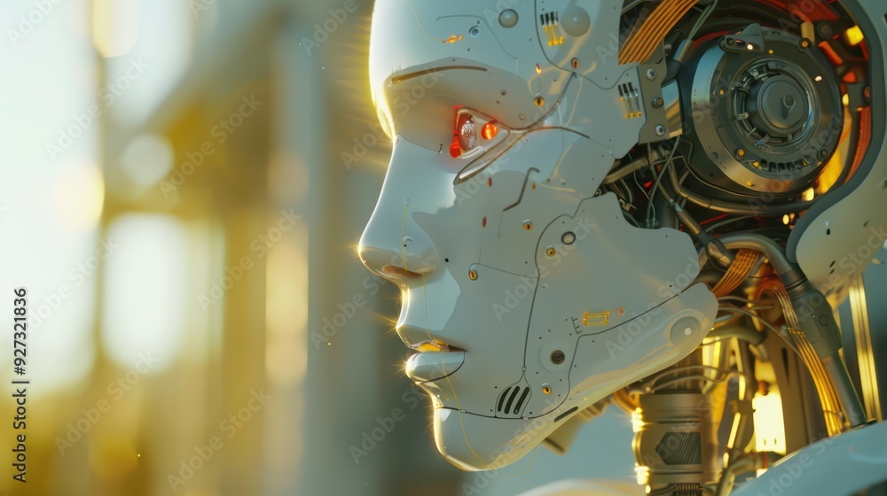 Poster close-up of a robotic head with a glowing red eye and intricate internal mechanisms.
