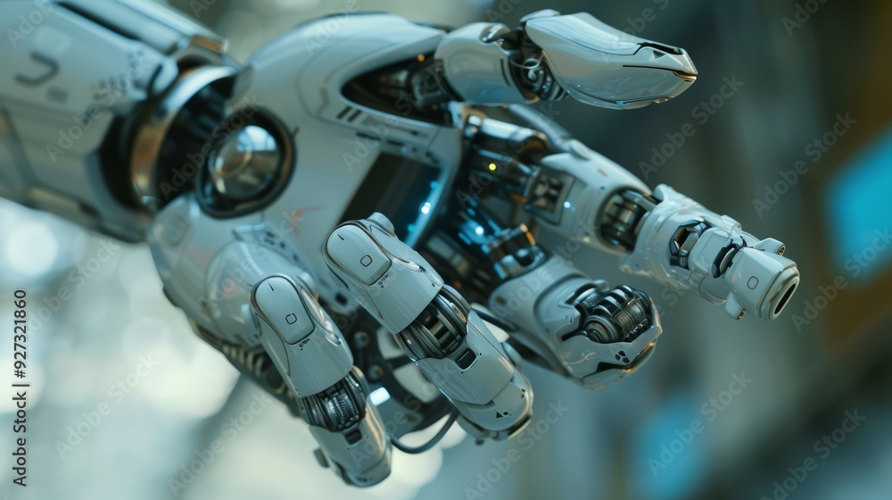 Poster close-up of a robotic hand with visible gears and intricate details.