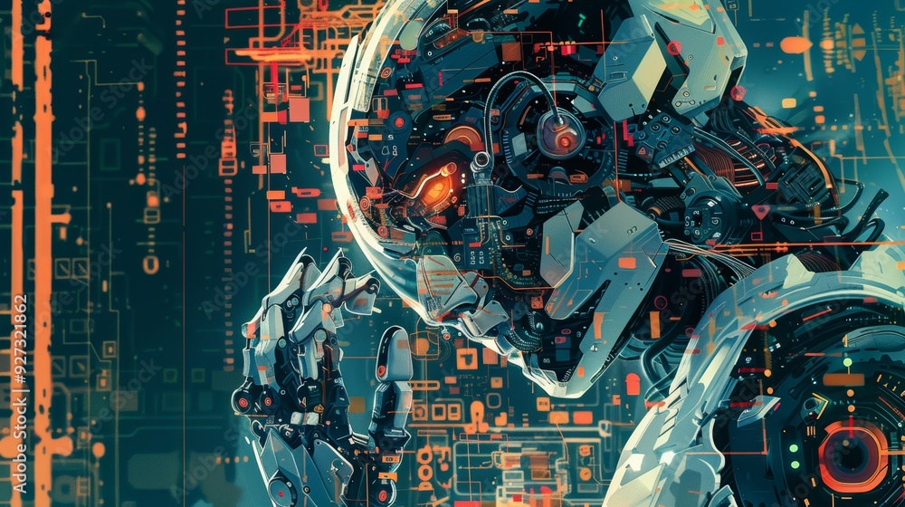 Poster close-up of a robotic head with intricate circuitry and a mechanical hand reaching out. the backgrou