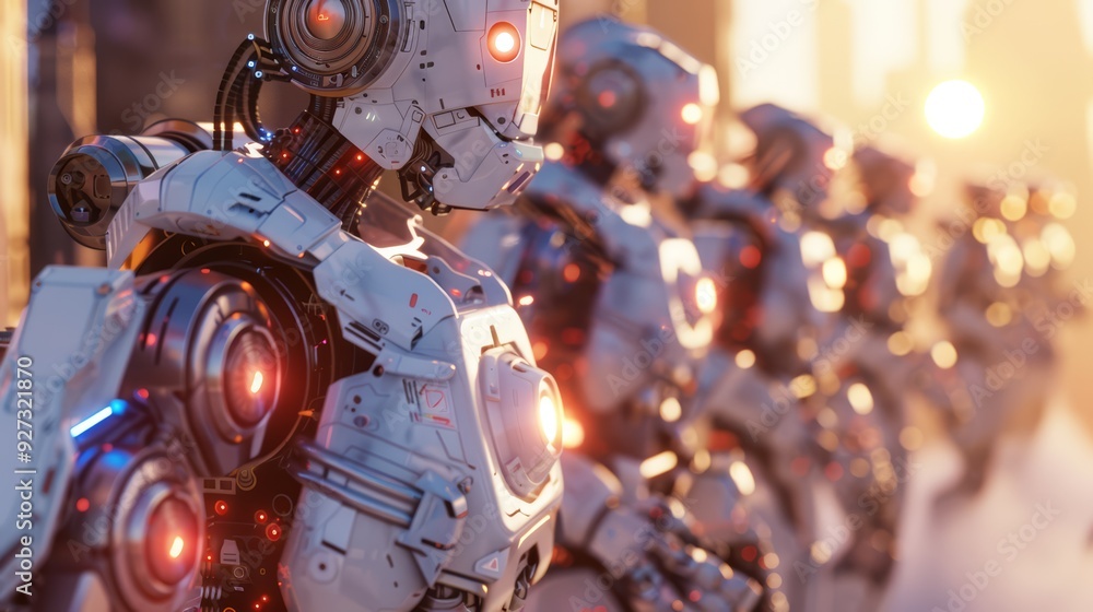 Poster close-up of a white robot with glowing lights in a line of robots in a futuristic setting.