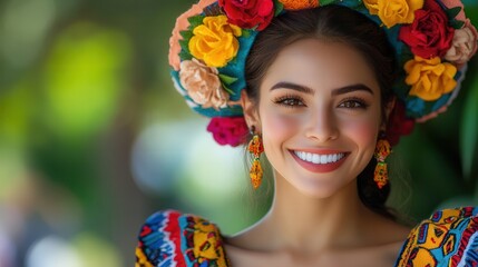 A woman wearing a colorful flowery hat and earrings is smiling