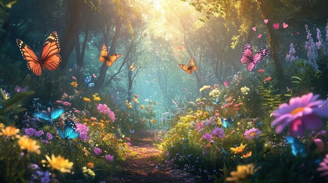 A colorful butterfly garden with many butterflies flying around