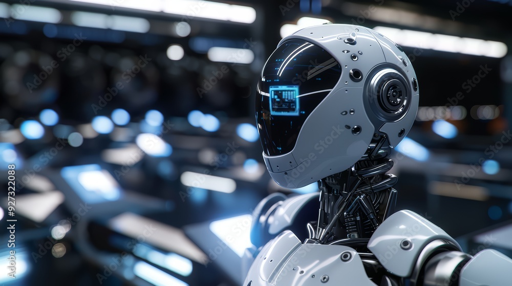 Poster closeup of a futuristic robot head with a digital display in a modern, high-tech environment.
