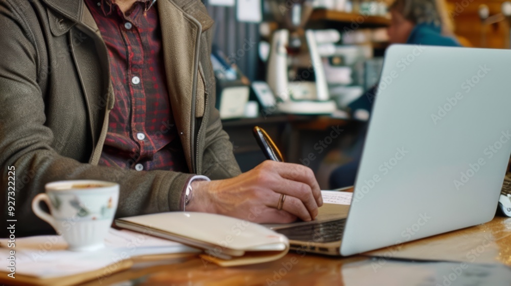 Poster close up of man's hands working on a laptop and writing on a notepad.