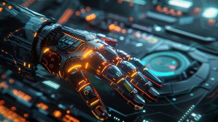 Close-up of a glowing robotic hand reaching out over a futuristic control panel.