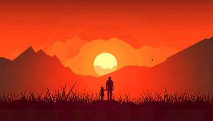 Fototapeta premium Silhouette of a father and daughter against a fiery sunset over a mountainous landscape