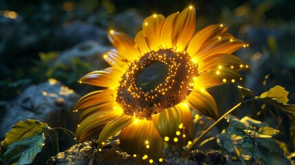 Naklejka premium Futuristic sunflower with LED-like petals glowing in a digitally enhanced natural setting