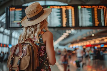 A young woman in a straw hat with a backpack stands in front of an airport departure board.