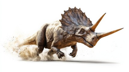 Obraz premium Dynamic illustration of a charging Triceratops dinosaur in motion. Perfect for prehistoric and natural history themes.