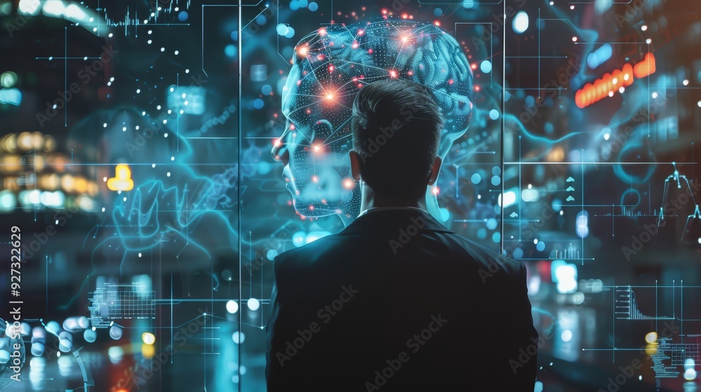 Poster businessman looking at a digital screen displaying a brain with glowing connections.