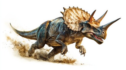 Naklejka premium Dynamic image of a charging triceratops dinosaur, showcasing its powerful build and distinct horns on a white background.