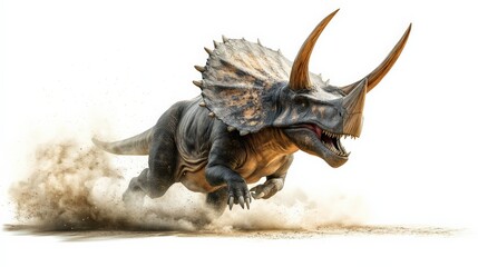 Fototapeta premium Dynamic image of a triceratops dinosaur running through a dusty terrain, showcasing its strength and power.