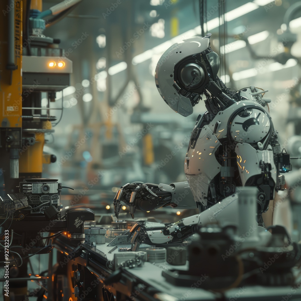 Aufkleber a white robot working on an assembly line in a futuristic factory.