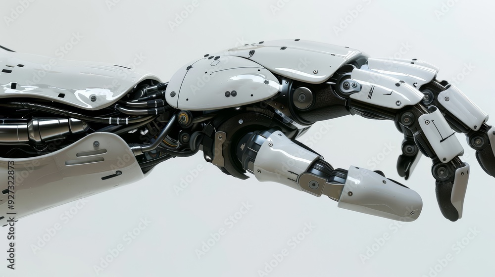 Poster a white robotic arm with a mechanical hand outstretched in a grasping motion. the arm is made of shi