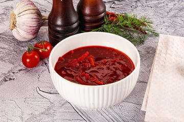Homemade red soup Borsch with cabbage