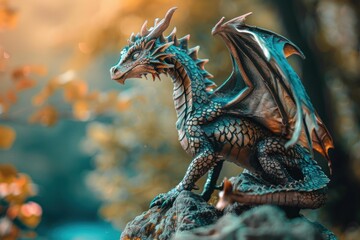 Artistic image of a detailed dragon statue with a mystical, orangehued backdrop