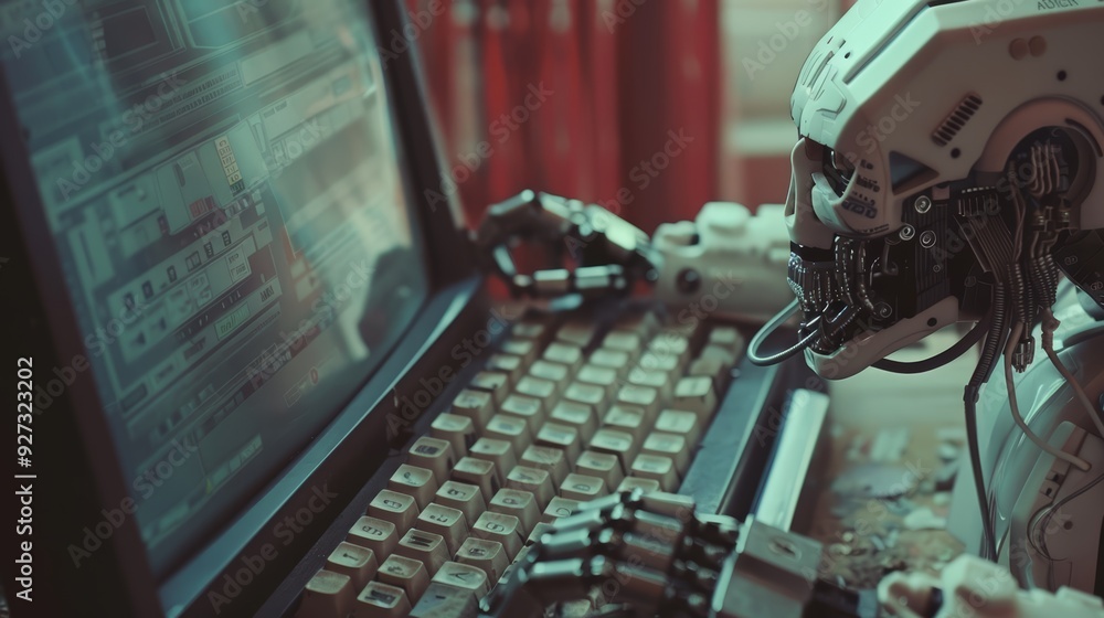 Poster a robotic hand reaches towards a keyboard on a vintage computer.