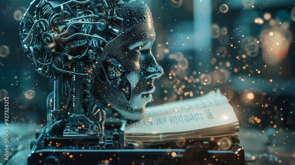 Poster a robotic head with intricate gears and wires reads a book with sparks flying around it.