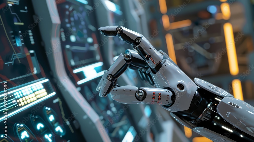 Poster a robotic hand with a futuristic control panel in the background.