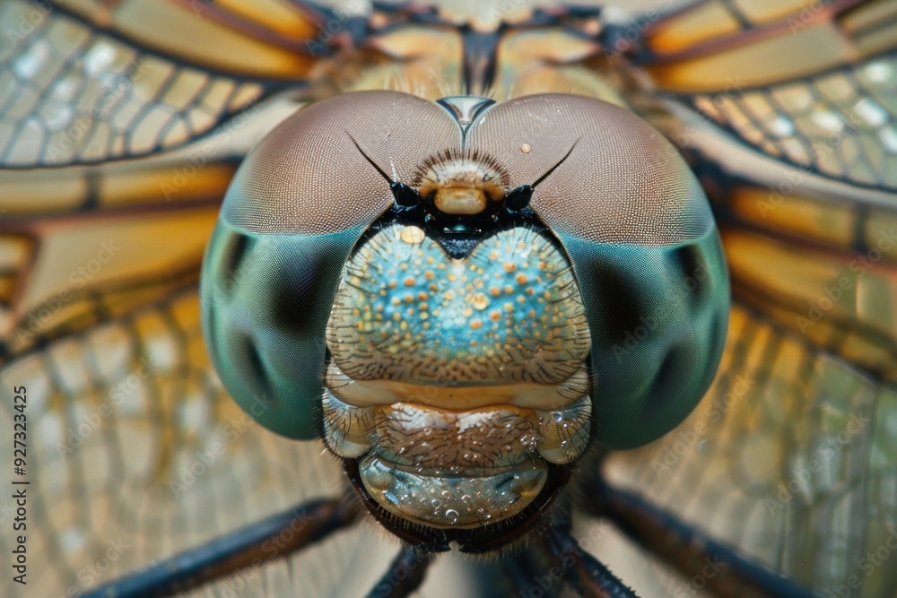 Poster closeup image capturing the intricate details and patterns of a dragonfly's eyes and head