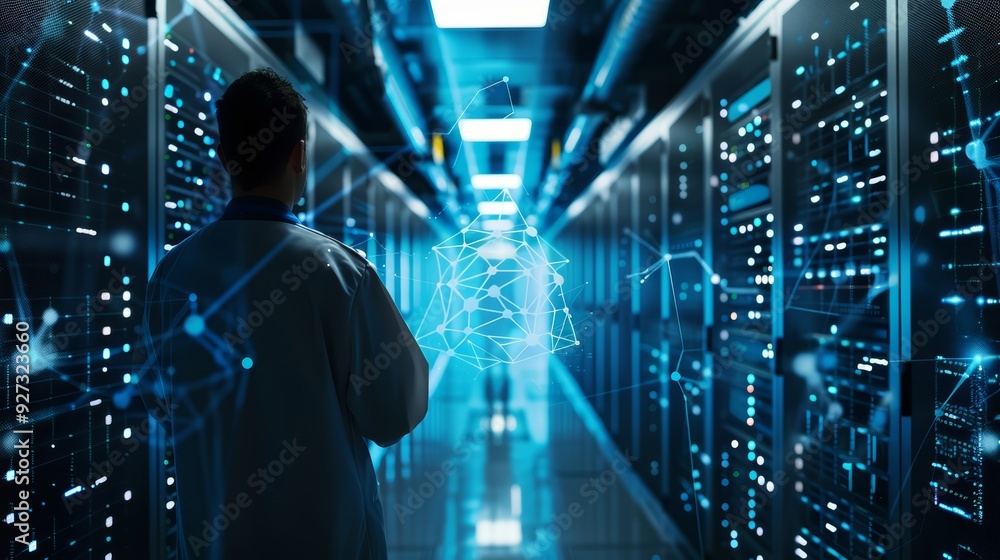 Poster a man in a server room with glowing network lines, standing in front of a rack of servers.