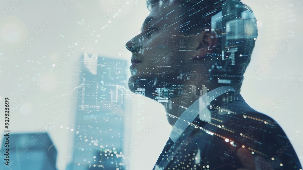 Poster a man in a suit standing in front of a window with a city skyline and digital data overlay.
