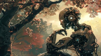 Fototapeta premium A golden robot sits amongst the falling leaves of an autumnal forest, lost in thought.