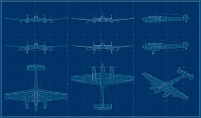 Twin-engine heavy fighter in German service during World War II. German fighter-bomber. Blueprint. Projection drawing.