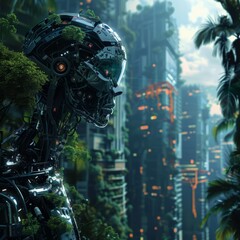 A futuristic robot with green plants growing on its exterior stands in front of a cityscape with a blurry background.