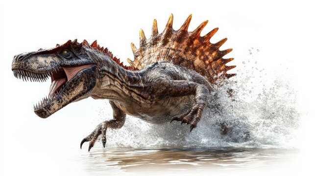 Ferocious spinosaurus splashing in water, showcasing powerful stance and realistic details in a dramatic and action-packed scene.