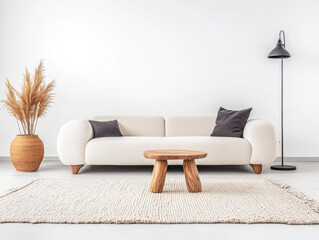 Contemporary living room interior design with stylish decoration, artwork and elegant furniture. Luxury apartment interiors in neutral tones.