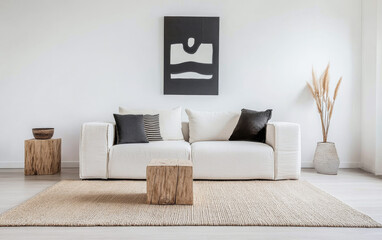 Contemporary living room interior design with stylish decoration, artwork and elegant furniture. Luxury apartment interiors in neutral tones.