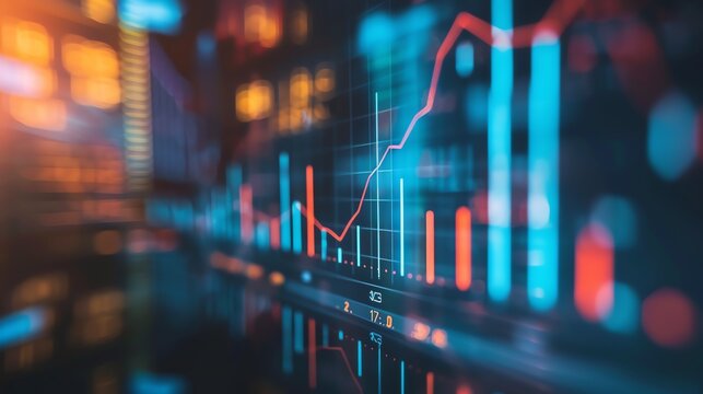 Abstract financial background with a glowing stock market chart on display, showcasing data trends and economic analysis.